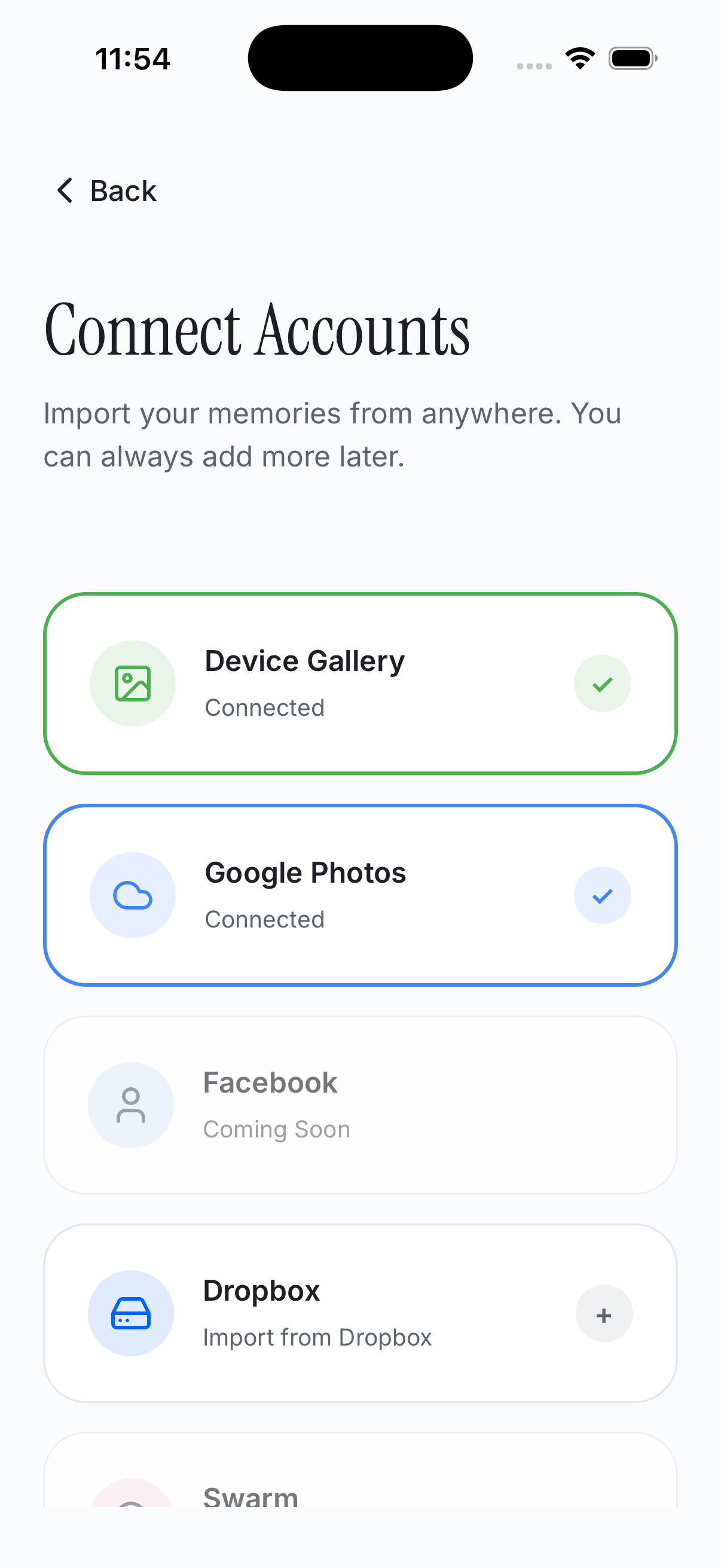 LifeLyt connect accounts screen with provider list